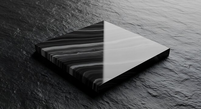 Glossy Black Square Tile Resting on Dark Textured Stone Surface