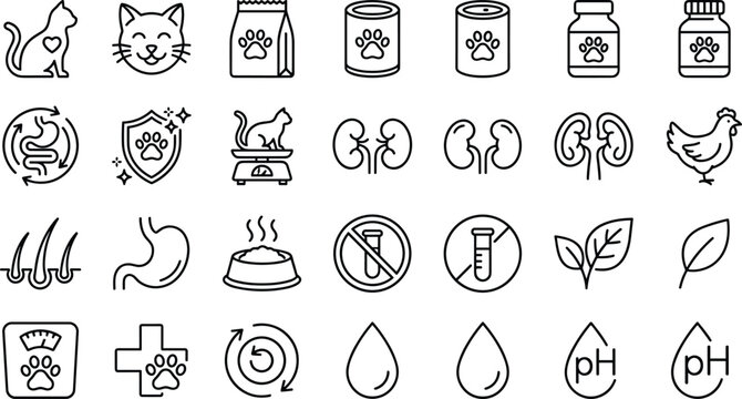 cat food nutrition and veterinary health care vector line icon set featuring pet anatomy digestion and medical symbols