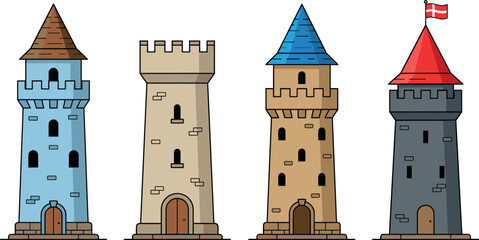 Medieval Castle Tower Vector Set Featuring Stone Fortification Turrets Watchtowers and Citadels with Conical Roofs for Fantasy Gaming and History Designs © Nexivo! 