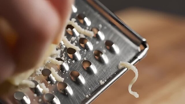 Closeup of a hand grating cheese on a metal grater for cooking.