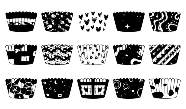 Cute colorful cupcake baking cup vector set with playful decorative patterns for bakery packaging design