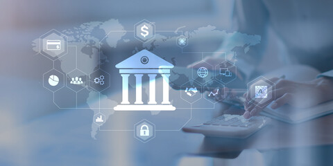 Fototapeta premium Digital Banking and Financial Services Platform with Global Network Visualization.