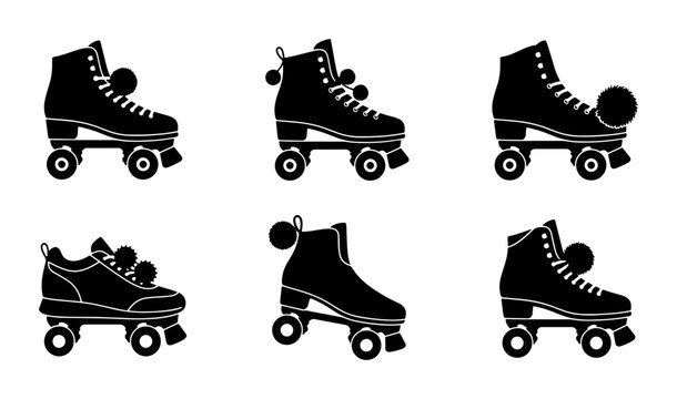 Retro Roller Skates, Vintage Quad Skates, Classic Skate Shoes, Black Silhouette Set