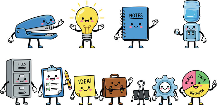 cute cartoon office supplies and stationery character mascot set featuring happy business icons for creative sticker design