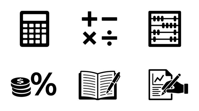 Finance Icons Set: Calculator, Math Symbols, Abacus, Money, Book, Chart Analytics