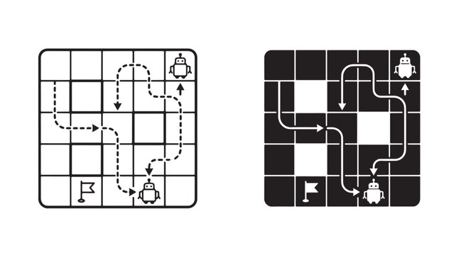 Maze Game For Robots Navigation Concept On White And Black Backgrounds For Technology Illustrations