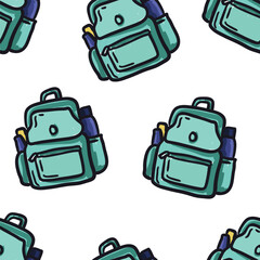 Naklejka premium Seamless light teal backpack pattern on white background. Clean travel repeat design perfect for fabric prints, stationery, packaging, and school branding.