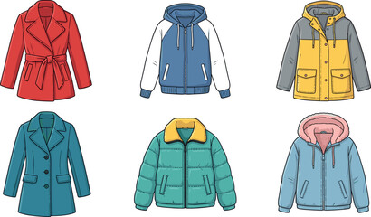 Winter Outerwear Jacket and Coat Vector Set Featuring Trench Coat, Bomber, Puffer, Raincoat, and Fleece Hoodies for Cold Weather Fashion Design © Nexivo! 