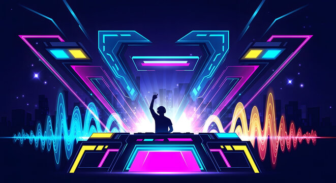 Dj performing on stage with colorful lights and sound waves dj booth dj setup