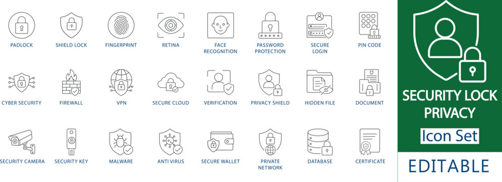 security and privacy icon set: professional cyber protection, biometric fingerprint and face recognition, secure padlock and shield, and internet data safety line icons
