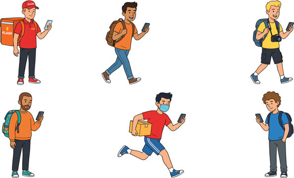 food delivery courier and young men walking with backpacks holding smartphones and using navigation mobile apps