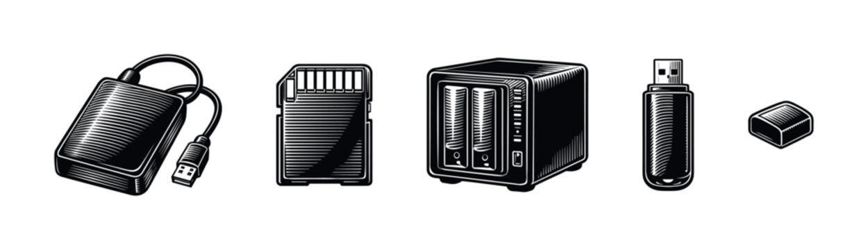 Collection of digital storage devices in a vintage engraved style