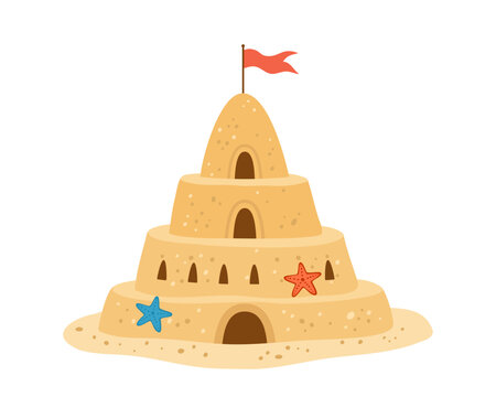 Sandcastle sand castle beach toy summer vacation sea shore flag starfish single object coastal playing gaming recreation seasonal vector illustration