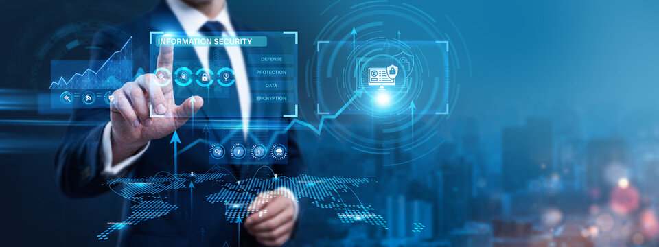 Cyber Analyst Using Digital Screen with Information Security and networking encrypted database firewall data. Intercepting malicious threat vectors, mitigating network vulnerability risks