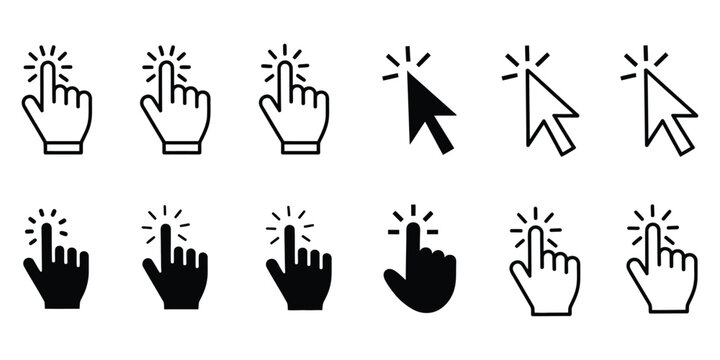 Computer mouse pointer icon set vector, professional navigation illustration featuring clickable cursors, selection indicators and digital interaction elements for responsive web platforms.