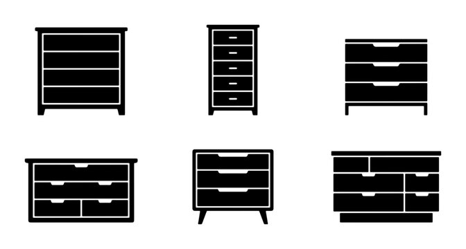 Vector Dresser Icons, Chest of Drawers Set, Furniture Silhouettes for Storage Solutions