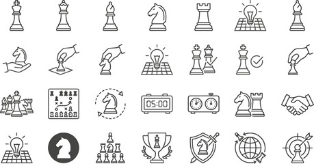 Minimalist Chess and Business Strategy Line Icon Set Featuring King Queen Knight Rook Trophy and Clock Vectors © Shukimon