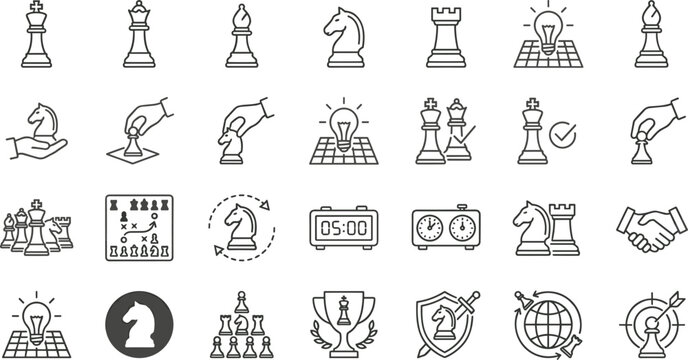 Minimalist Chess and Business Strategy Line Icon Set Featuring King Queen Knight Rook Trophy and Clock Vectors