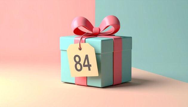 Nicely wrapped birthday present. Label with number 84 on it