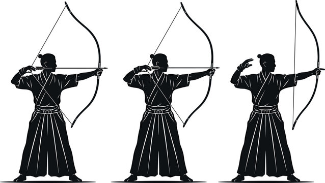 Traditional Japanese Kyudo Archery Silhouette Vector Collection Featuring Archer in Hakama Drawing and Releasing Longbow Yumi for Martial Arts Branding Designs
