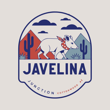 Javelina junction logo with a javelina in a desert landscape wild boar javelina junction