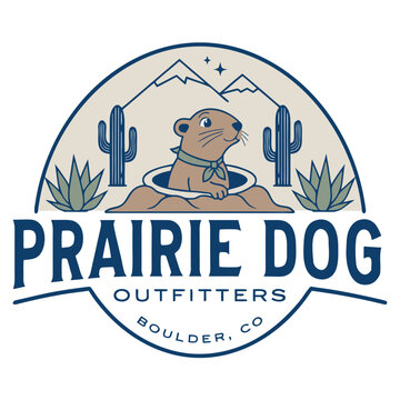 Prairie dog outfitters vintage desert logo with cartoon prairie dog desert landscape old fashione