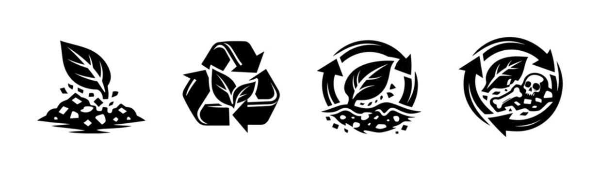 Recycling symbols with leaves and skull, representing environmental cycles and hazardous waste