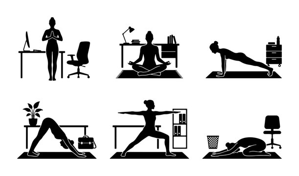 Office Yoga Poses Vector Set: Desk Stretches, Mindfulness, Wellness, Silhouette Icons
