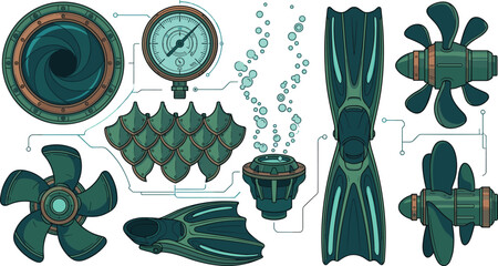 Scuba Diving and Underwater Technology Icon Set Featuring Futuristic Flippers Propeller Blades Pressure Gauge Porthole Scales and Submarine Equipment Elements © MD