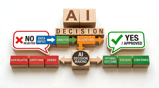 AI decision making process with wooden blocks and yes no signs