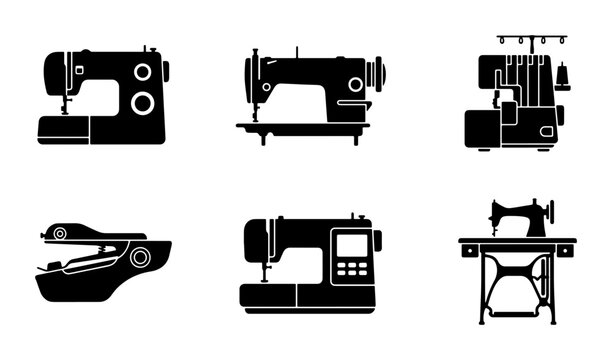 Sewing Machine Icons, Black Vector Silhouettes of Various Stitching Machines for Crafting and Tailoring