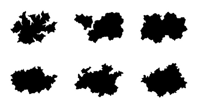 Abstract fractal shapes, black silhouettes on white background