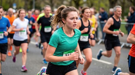 Fototapeta premium Young woman runner competing in city marathon race. Athlete in green sports shirt participating in road running event. Healthy lifestyle, energetic training and competitive spirit.