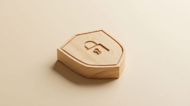 A minimalist 3D shield object with lock icon made of premium Japanese Hinoki wood grain for data protection