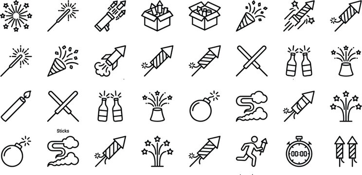 Minimalist Fireworks and Celebration Outline Line Icon Set Featuring Rockets Sparklers Poppers and Holiday Party Vectors