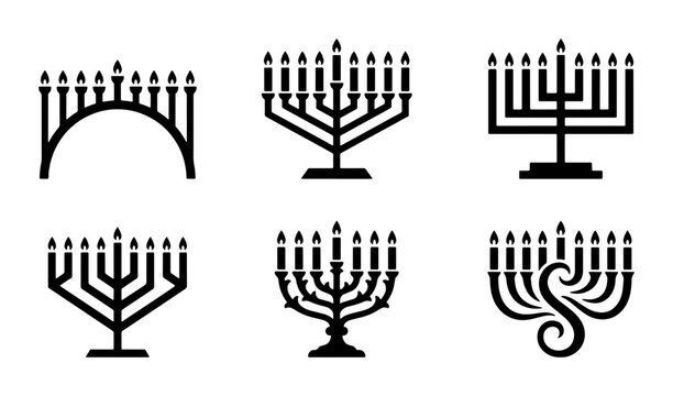 Hanukkah Menorah Icons Set, Jewish Holiday Candle Holders, Festive Celebration Symbols, Vector Graphics