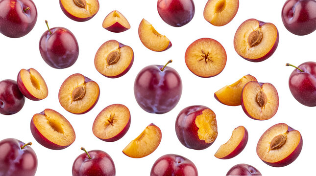 Assortment of fresh organic purple plums, whole, halved, and sliced, isolated on a transparent background.