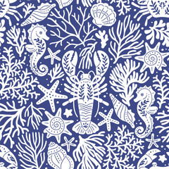 Seamless vector pattern with seashell, sea star and coral reef. Hand drawn underwater sea life illustration. Perfect for textile, wallpaper or print design. © MirabellePrint