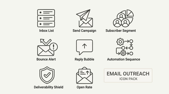 Email outreach and marketing automation icon pack featuring inbox list send campaign subscriber segment bounce alert reply bubble automation sequence deliverability shield and open rate statistics.