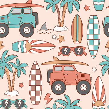Seamless vector pattern with surfboard, pal tress, car and shark. Hand drawn surf lifestyle illustration. Summer beach vacation. Perfect for textile, wallpaper or nursery print design.