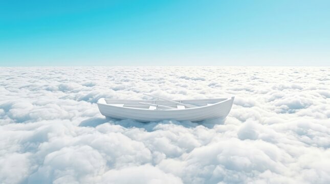 A serene white boat floats gently on top of fluffy white clouds under a clear blue sky with no signs of withered trees or plastic waste nearby