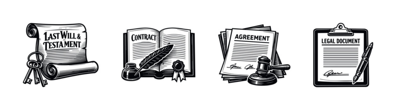 Legal documents and instruments including will, contract, and agreement icons