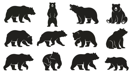 Fototapeta premium Expressive bear silhouette vector illustrations featuring standing, walking, sitting, roaring, and interacting poses showcasing diverse wildlife movements on clean white background
