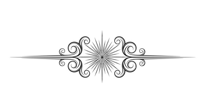 Detailed black line art starburst ornamental design with symmetrical scrolls and flourishes for decorative page headers.