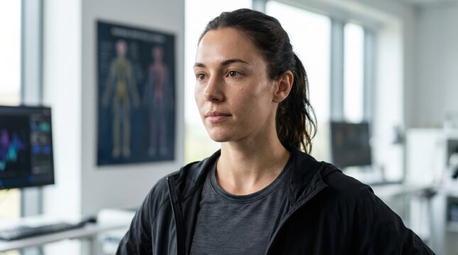 Woman athlete in sports clothing standing in medical clinic. Physiological assessment of sport performance. Professional health monitoring for athletic development and training progress.