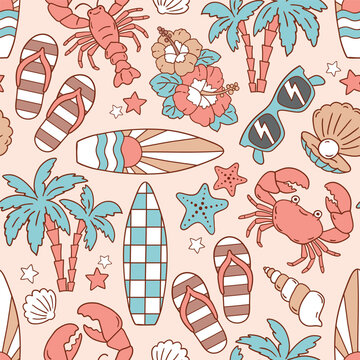 Seamless vector pattern with surfboard, pal tress, car and shark. Hand drawn surf lifestyle illustration. Summer beach vacation. Perfect for textile, wallpaper or nursery print design.