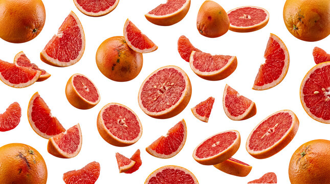 Bright red grapefruits, whole, half, and sliced, showcasing juicy pulp and vibrant color on a transparent background.