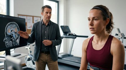 Fototapeta premium Sports doctor analyzing brain scan results of a woman athlete. Medical checkup in a fitness clinic. Professional consultation for sport performance and neurological health recovery.