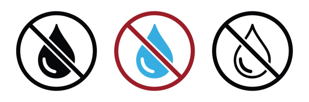 No water drop sign symbol set, no water-resistant icon collection, prohibited water droplets in circle sign, water restriction warning concept, clean modern vector illustration, high quality 