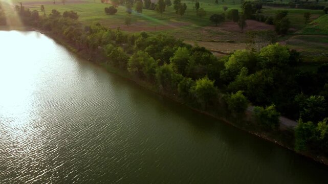Sunset Aerial View at Chang Tok Tai Reservoir, Thepharak, Korat Thailand